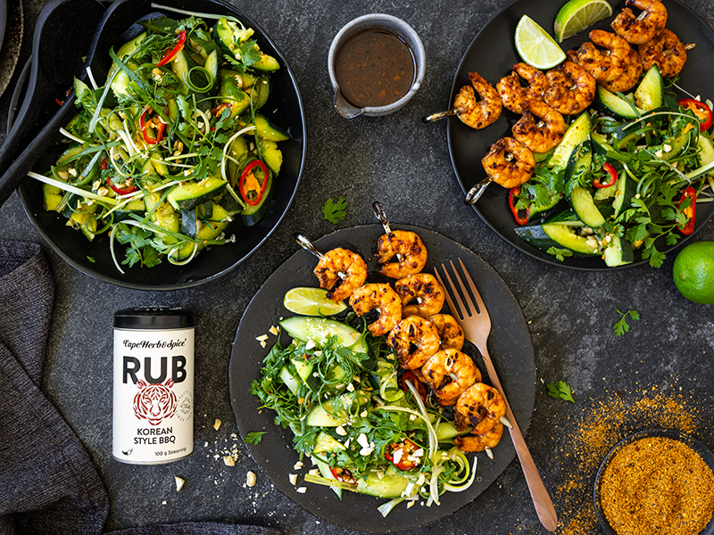 KOREAN BBQ PRAWN KEBABS & CUCUMBER